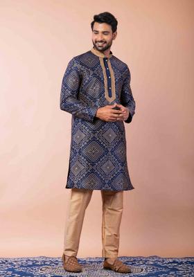 Navy Blue Embroidery Silk Kurta Set For Men