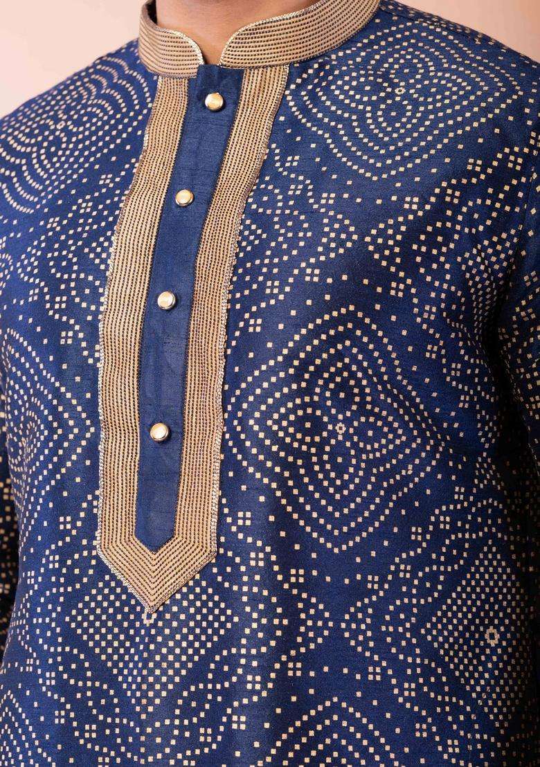 Navy Blue Embroidery Silk Blend Kurta Set For Men - Indya