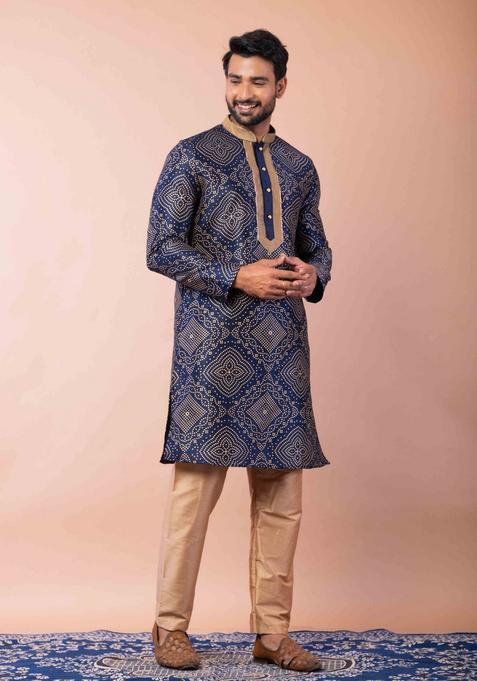 Navy Blue Embroidery Silk Blend Kurta Set For Men