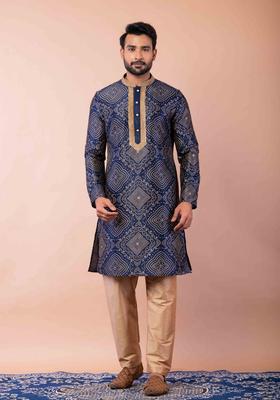 Navy Blue Embroidery Silk Kurta Set For Men