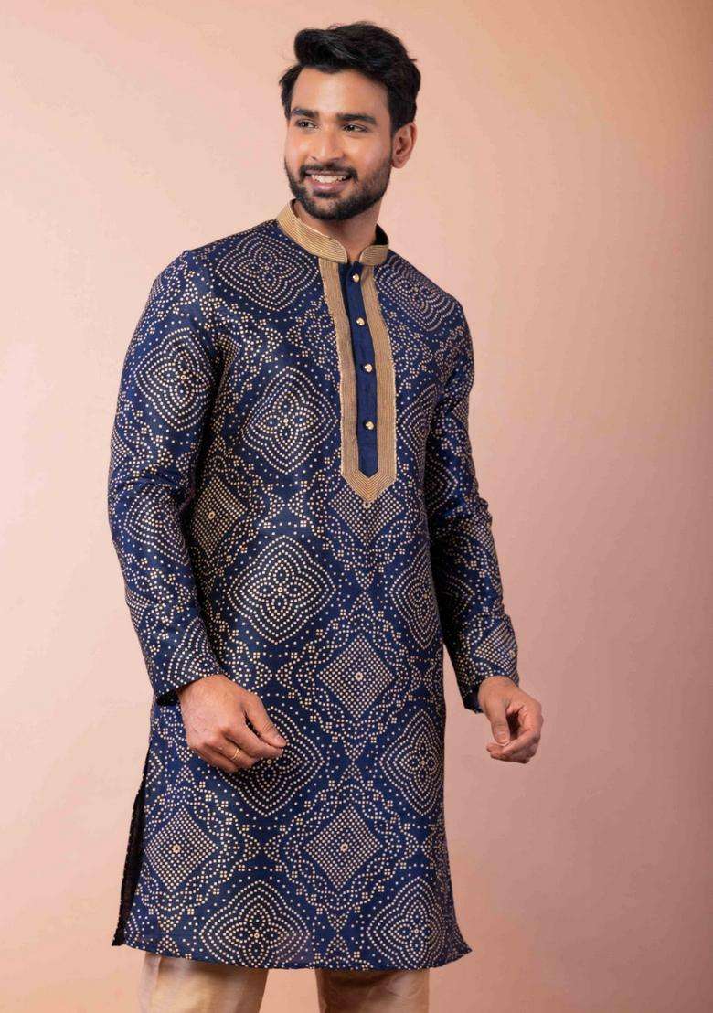 Navy Blue Embroidery Silk Blend Kurta Set For Men - Indya