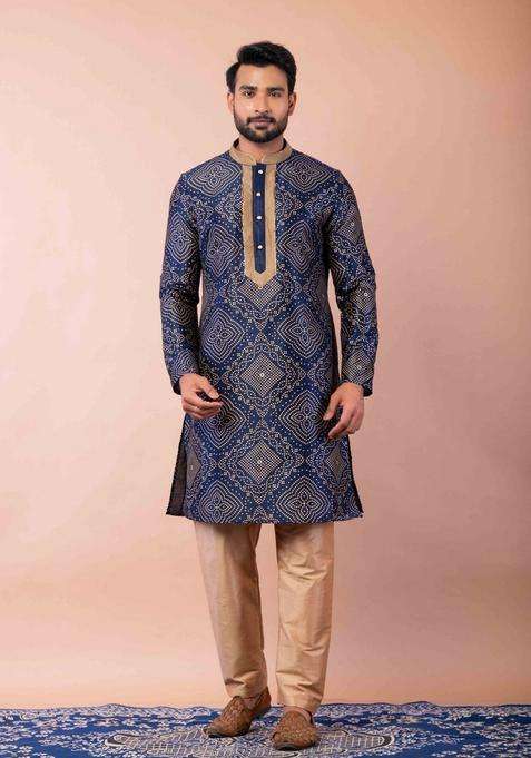 Navy Blue Embroidery Silk Blend Kurta For Men