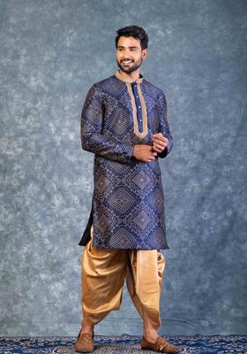 Navy Blue Embroidery Silk Kurta Set For Men
