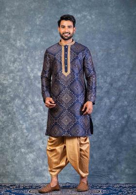Navy Blue Embroidery Silk Kurta Set For Men