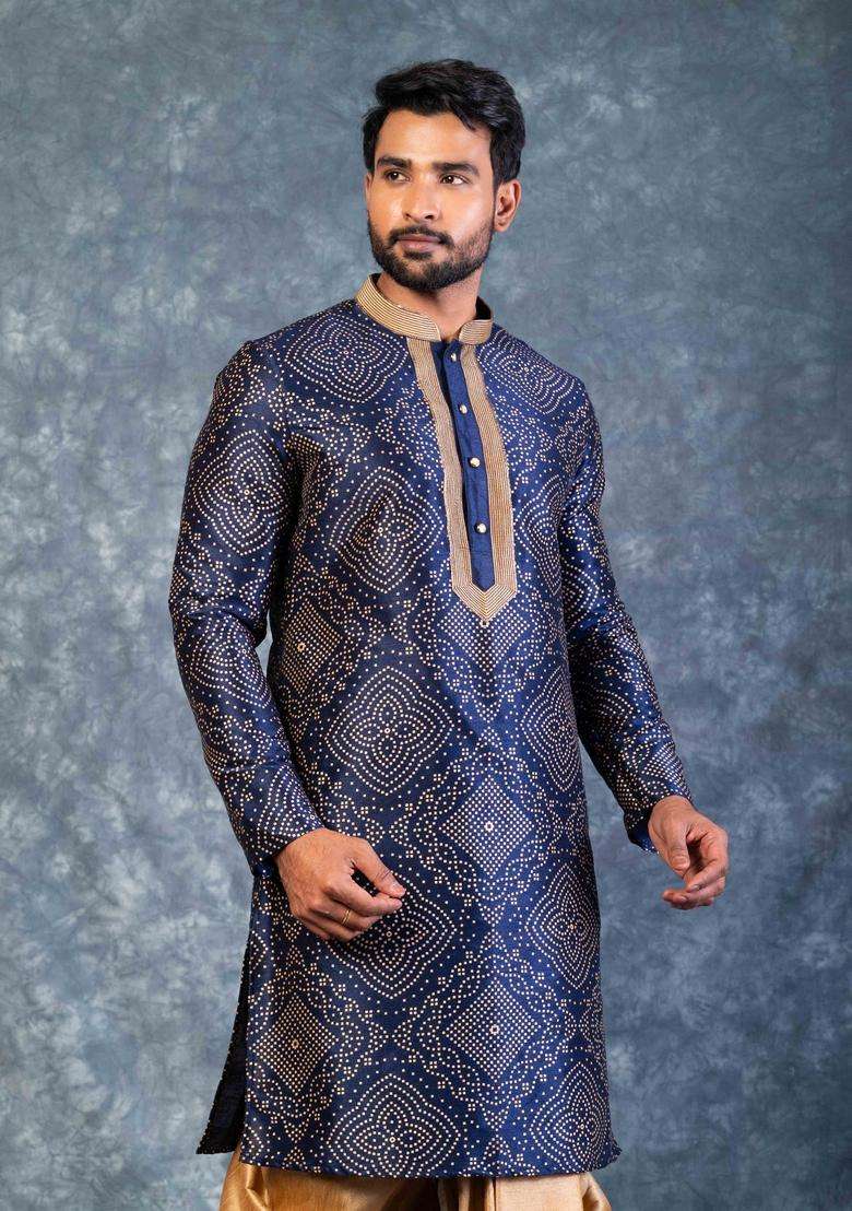 Navy Blue Embroidery Silk Blend Kurta For Men - Indya