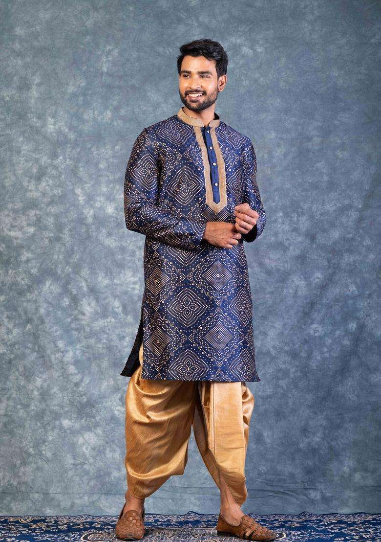 Navy Blue Embroidery Silk Blend Kurta For Men - Indya