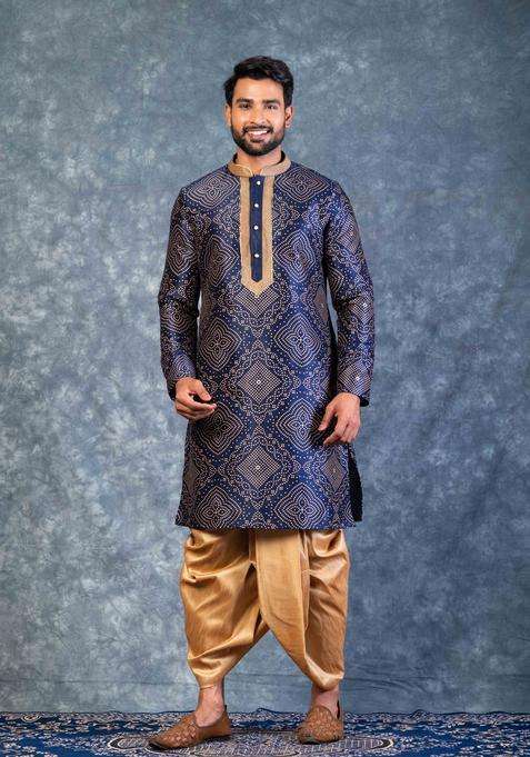 Navy Blue Embroidery Silk Blend Kurta For Men