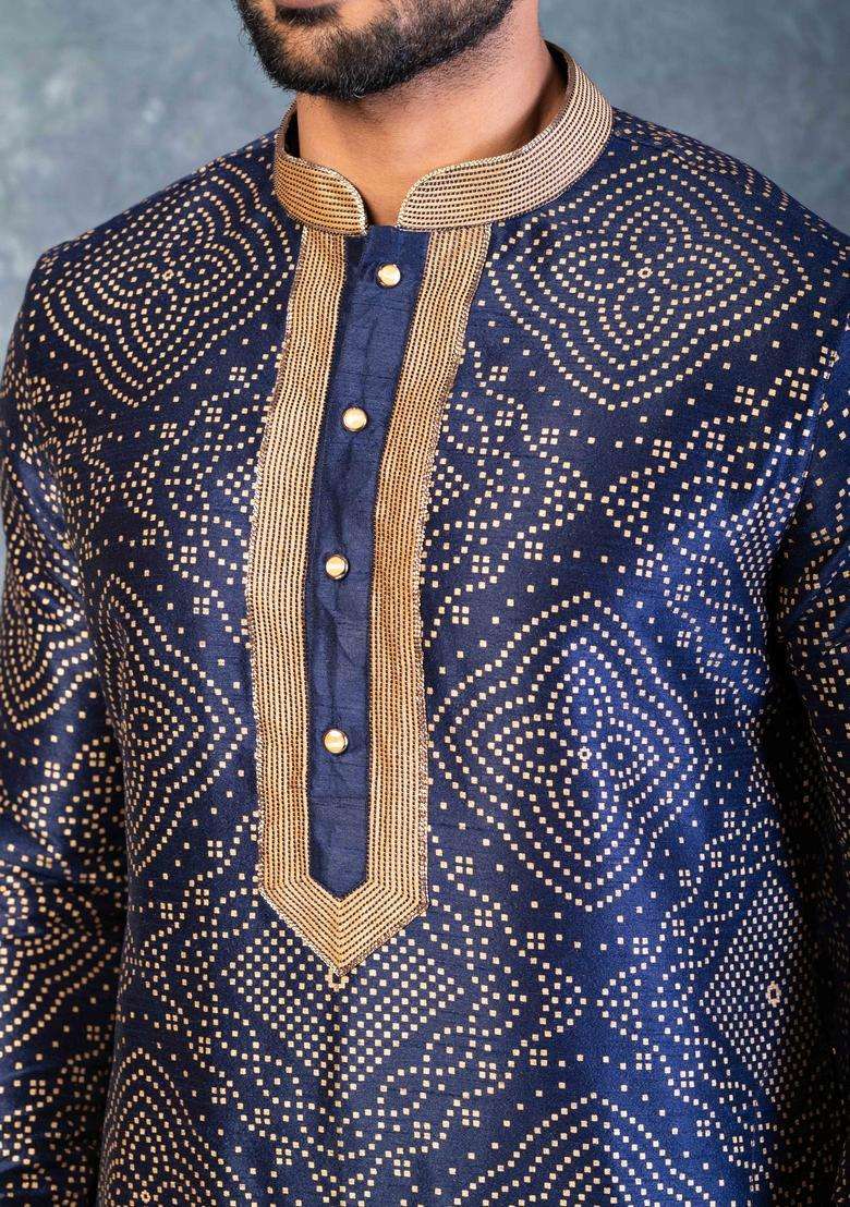 Navy Blue Embroidery Silk Blend Kurta For Men - Indya