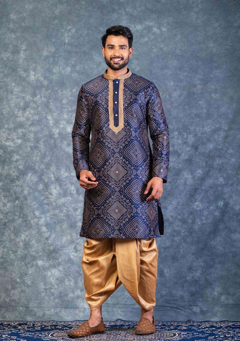 Navy Blue Embroidery Silk Blend Dhoti Set For Men - Indya