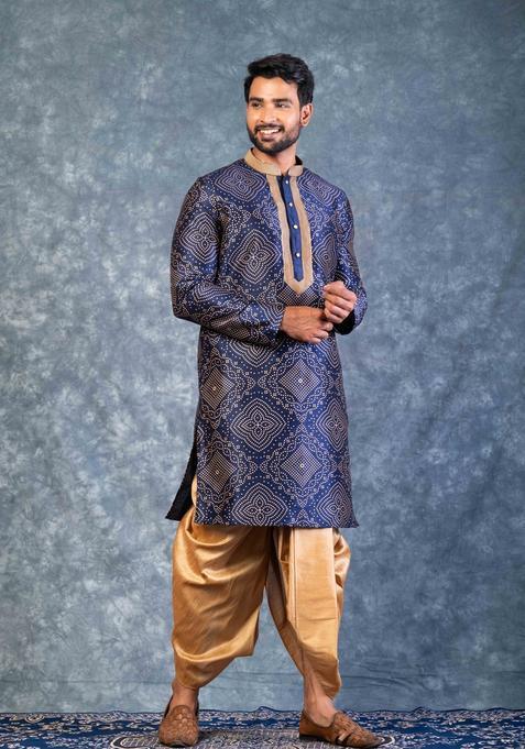 Navy Blue Embroidery Silk Dhoti Set For Men
