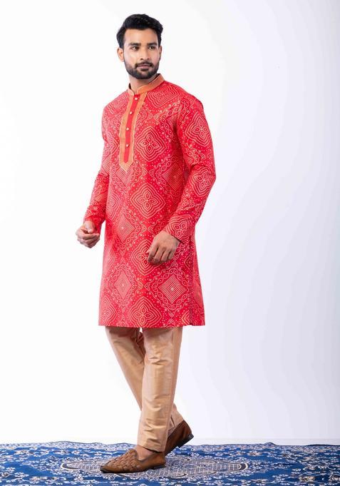 Red Embroidery Silk Kurta Set For Men