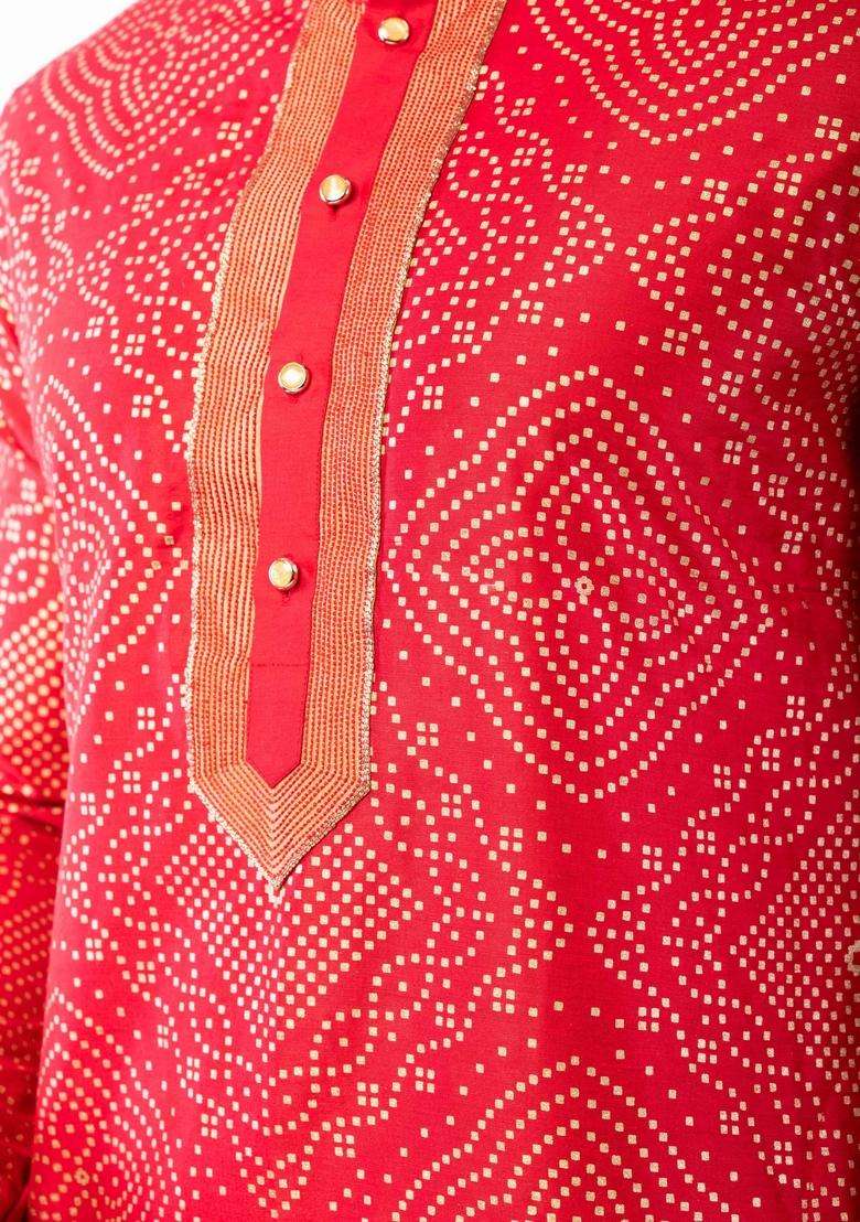 Red Embroidery Silk Kurta Set For Men - Indya