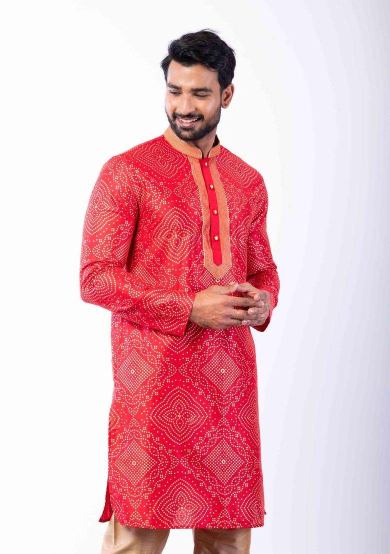 Red Embroidery Silk Blend Kurta For Men - Indya