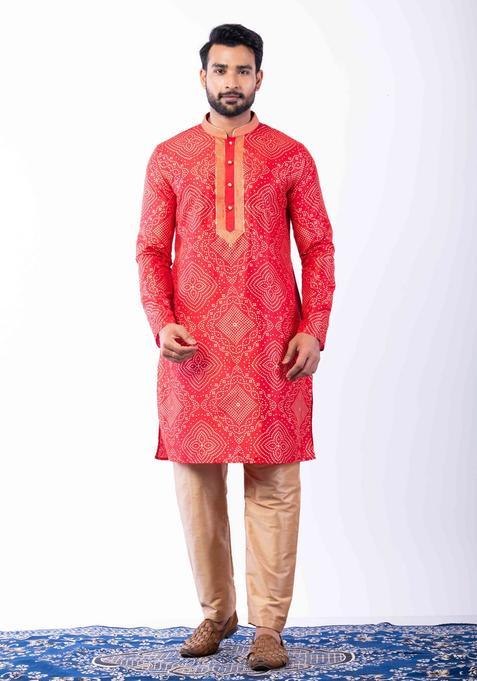 Red Embroidery Silk Kurta For Men