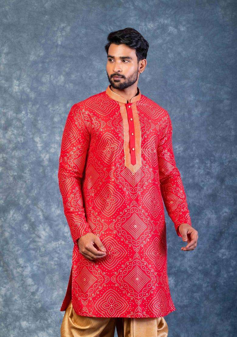 Red Embroidery Silk Blend Kurta Set For Men - Indya