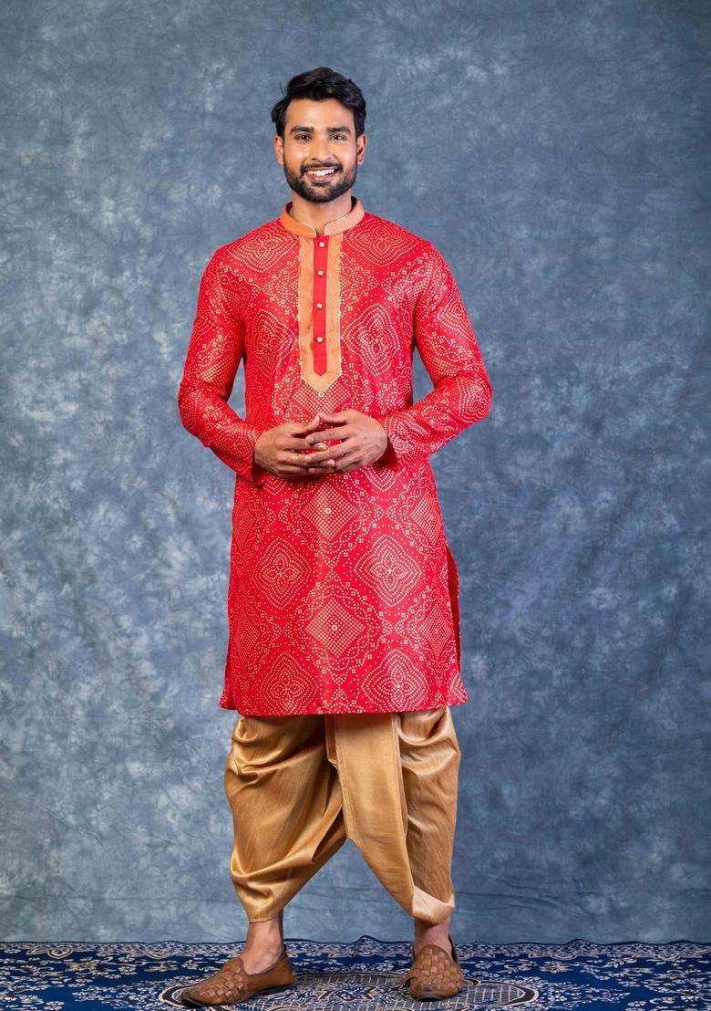 Red Embroidery Silk Blend Kurta Set For Men - Indya