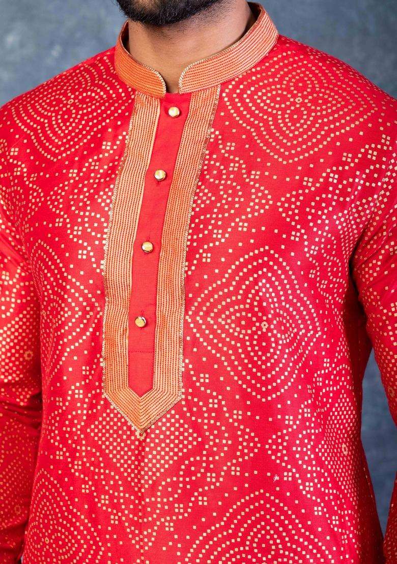 Red Embroidery Silk Blend Kurta Set For Men - Indya