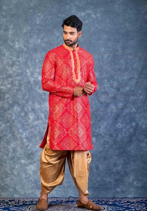 Red Embroidery Silk Dhoti Set For Men