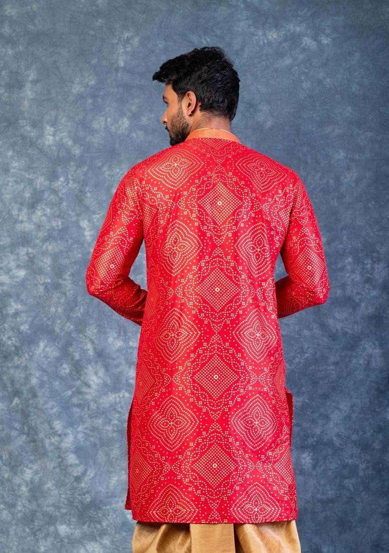 Red Embroidery Silk Kurta For Men - Indya