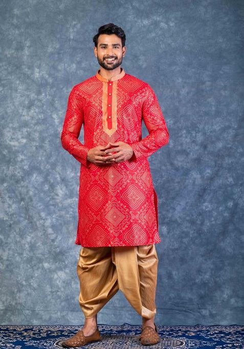 Red Embroidery Silk Kurta For Men
