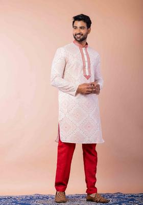 Cream Embroidery Silk Blend Kurta Set For Men