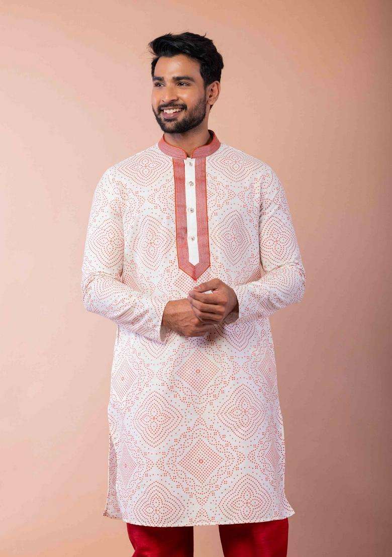Cream Embroidery Silk Blend Kurta Set For Men - Indya