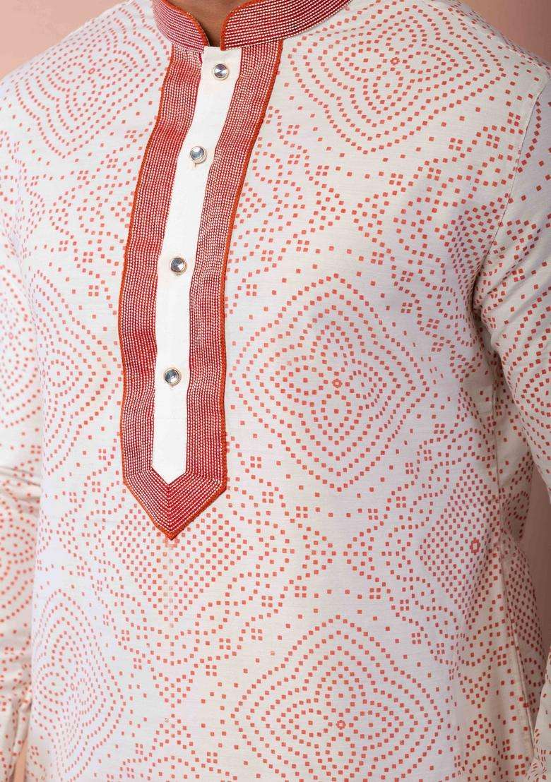 Cream Embroidery Silk Blend Kurta Set For Men - Indya