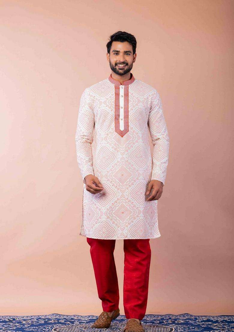 Cream Embroidery Silk Kurta Set For Men - Indya