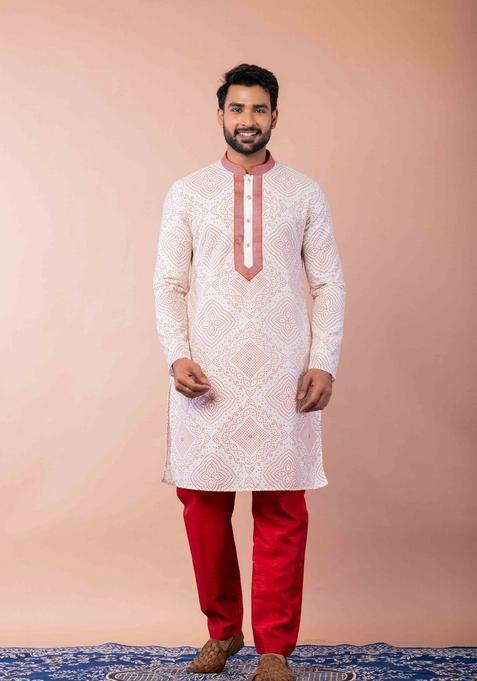 Cream Embroidery Silk Kurta Set For Men