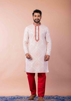 Cream Embroidery Silk Kurta For Men