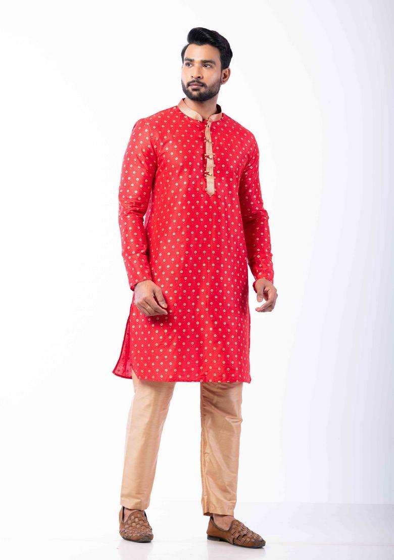 Red Embroidery Silk Kurta Set For Men - Indya