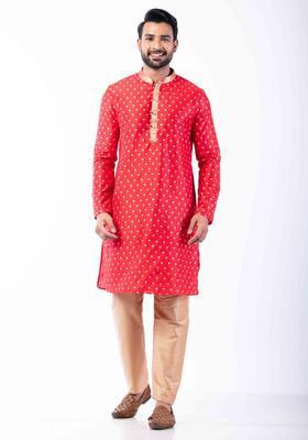Red Embroidery Silk Kurta Set For Men