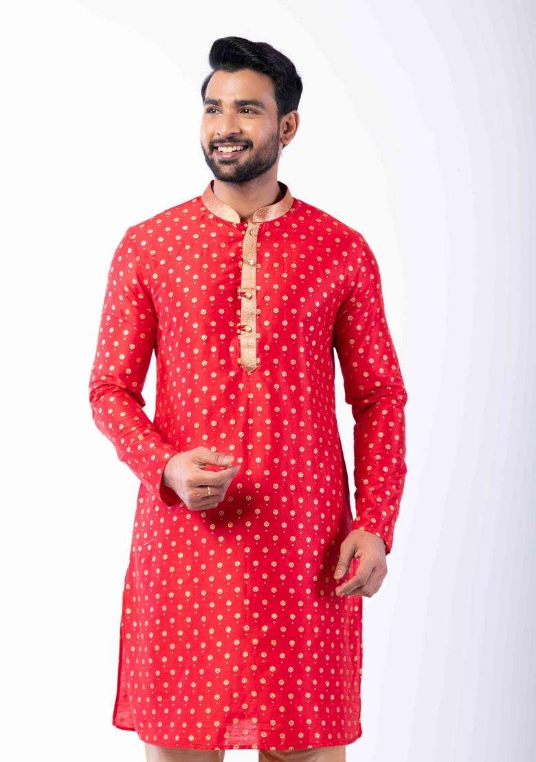Red Embroidery Silk Kurta Set For Men - Indya