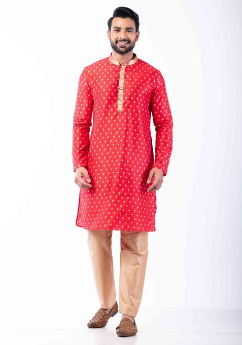 Red Embroidery Silk Kurta Set For Men
