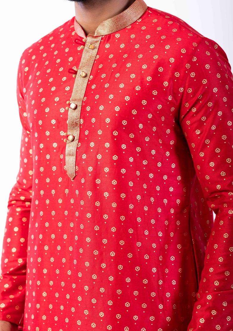 Red Embroidery Silk Kurta For Men - Indya