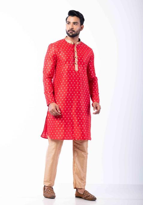 Red Embroidery Silk Kurta For Men