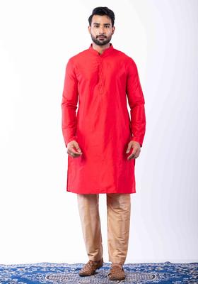 Red Embroidery Silk Kurta Set For Men