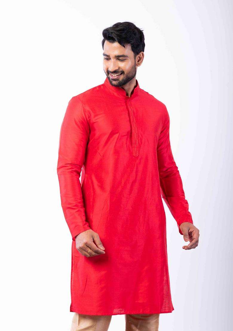Red Embroidery Silk Kurta Set For Men - Indya
