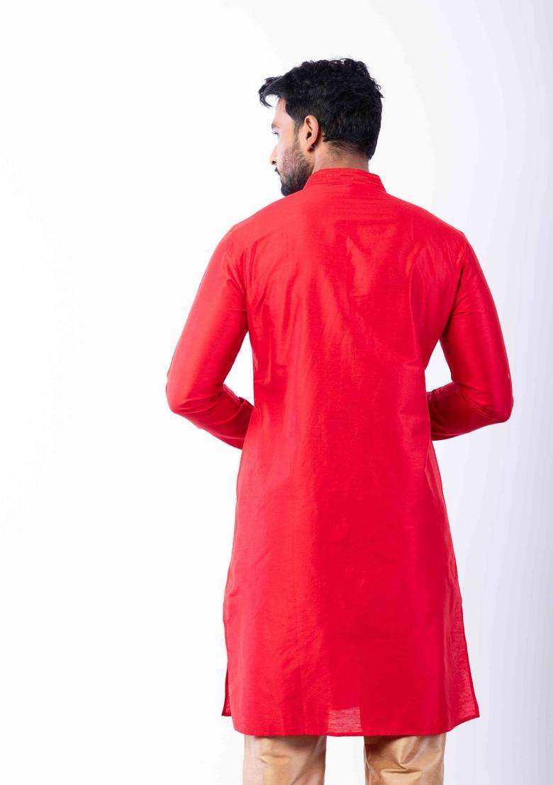 Red Embroidery Silk Kurta Set For Men - Indya