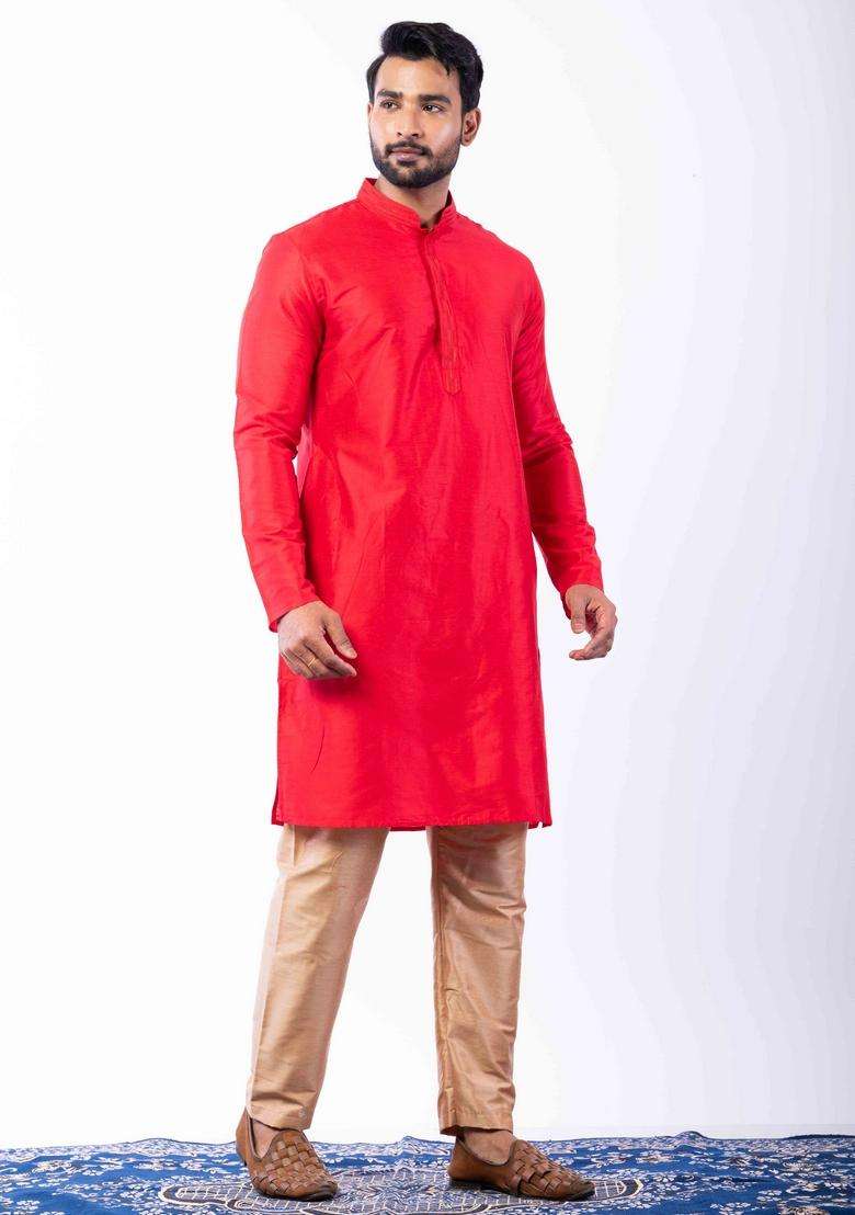 Red Embroidery Silk Kurta For Men - Indya