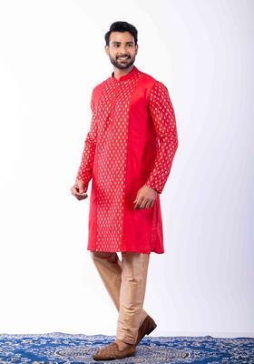 Red Embroidery Silk Blend Kurta Set For Men