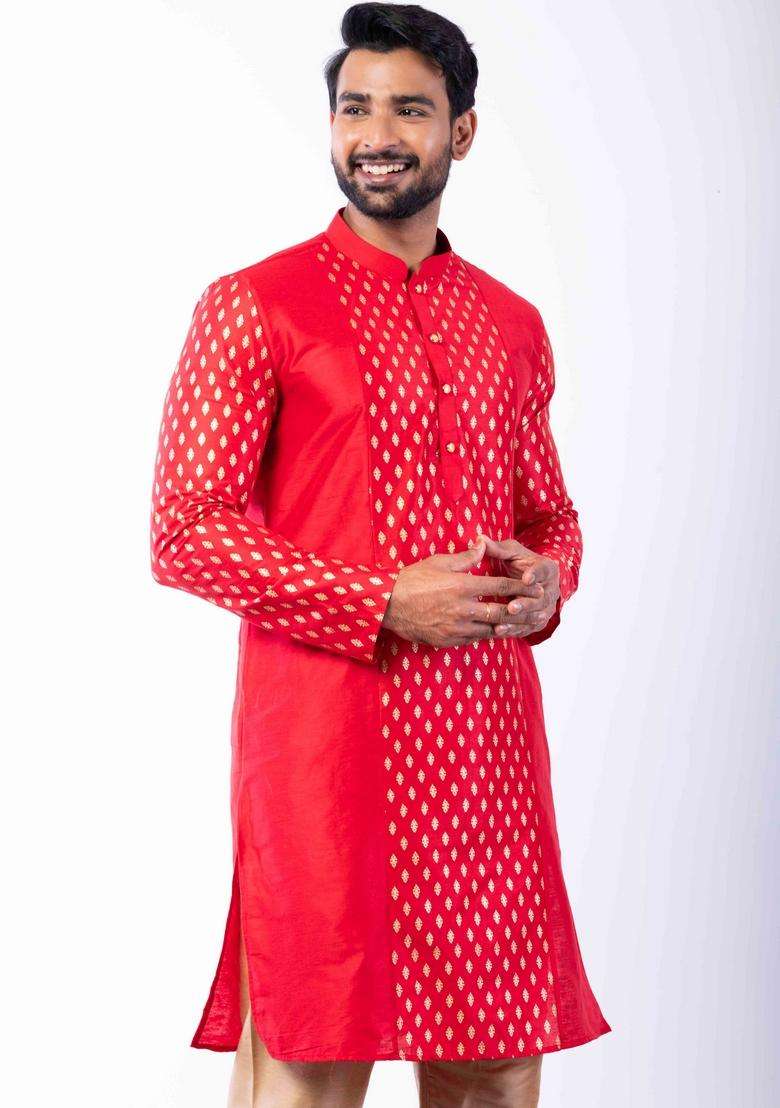Red Embroidery Silk Blend Kurta Set For Men - Indya