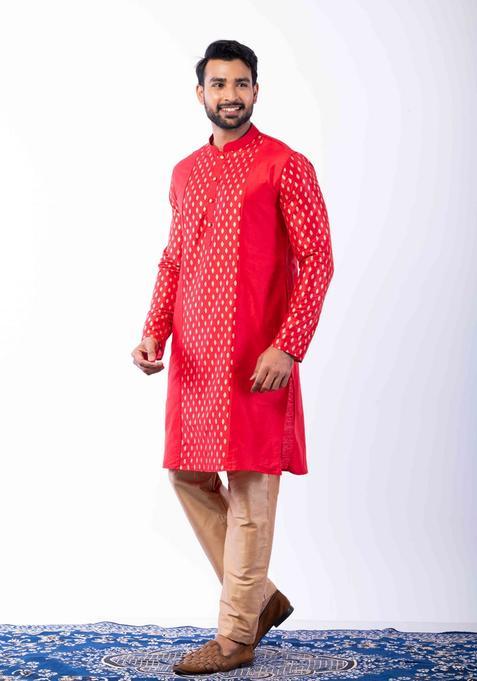 Red Embroidery Silk Kurta Set For Men