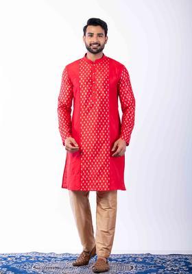 Red Embroidery Silk Kurta Set For Men