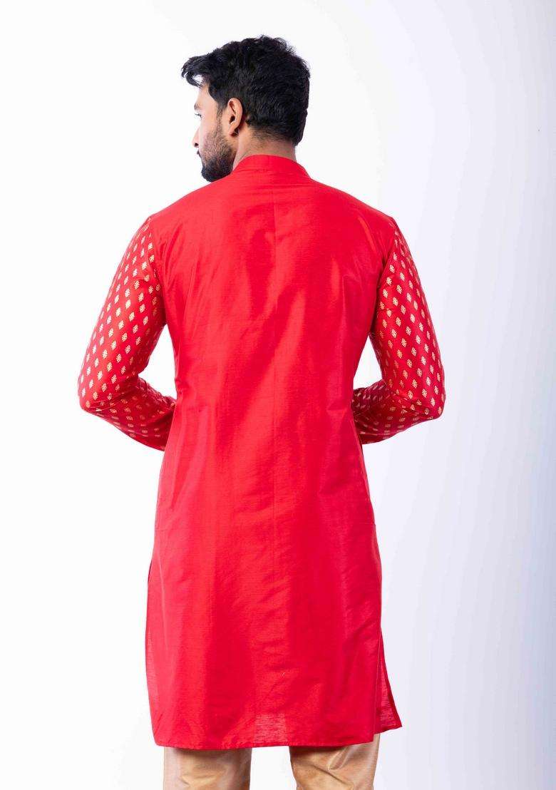 Red Embroidery Silk Kurta Set For Men - Indya