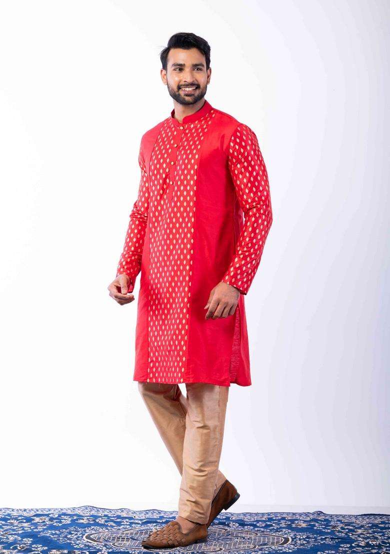 Red Embroidery Silk Kurta Set For Men - Indya