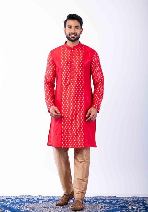 Red Embroidery Silk Kurta Set For Men