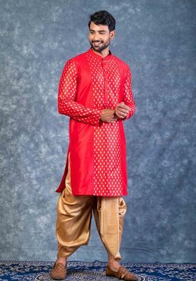 Red Embroidery Silk Blend Kurta Set For Men