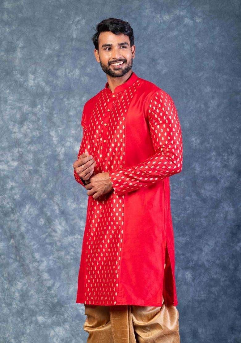 Red Embroidery Silk Blend Kurta Set For Men - Indya