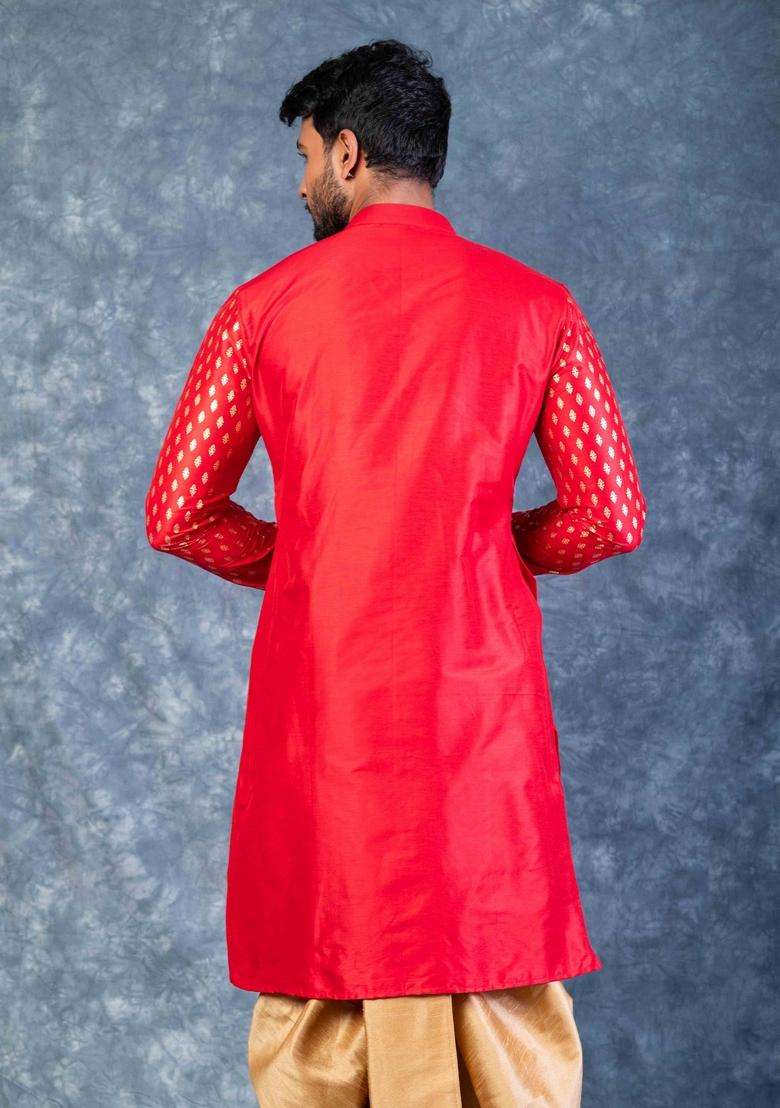 Red Embroidery Silk Blend Kurta Set For Men - Indya